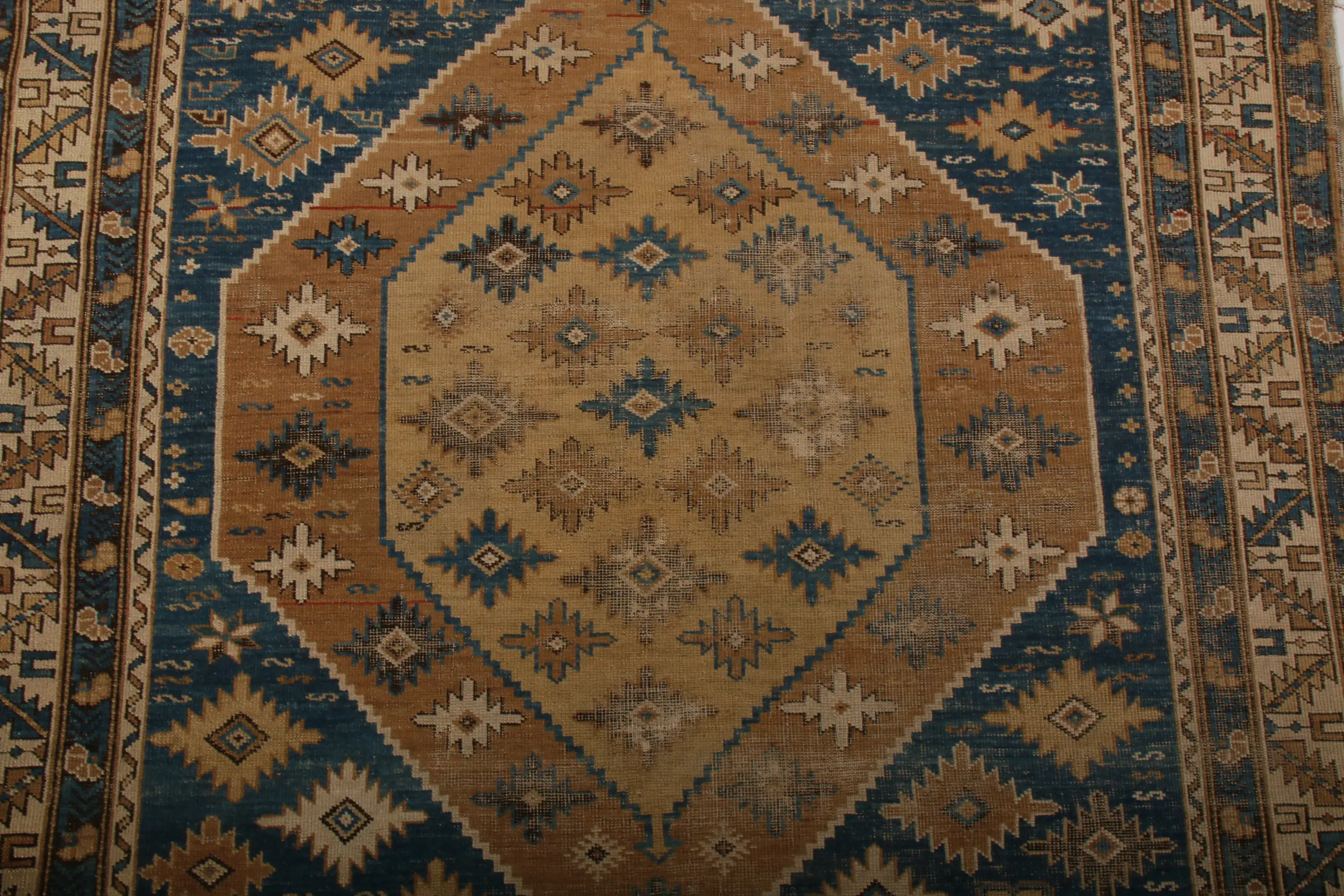 Antique Kuba Geometric Beige-Brown and Blue Wool Russian Rug