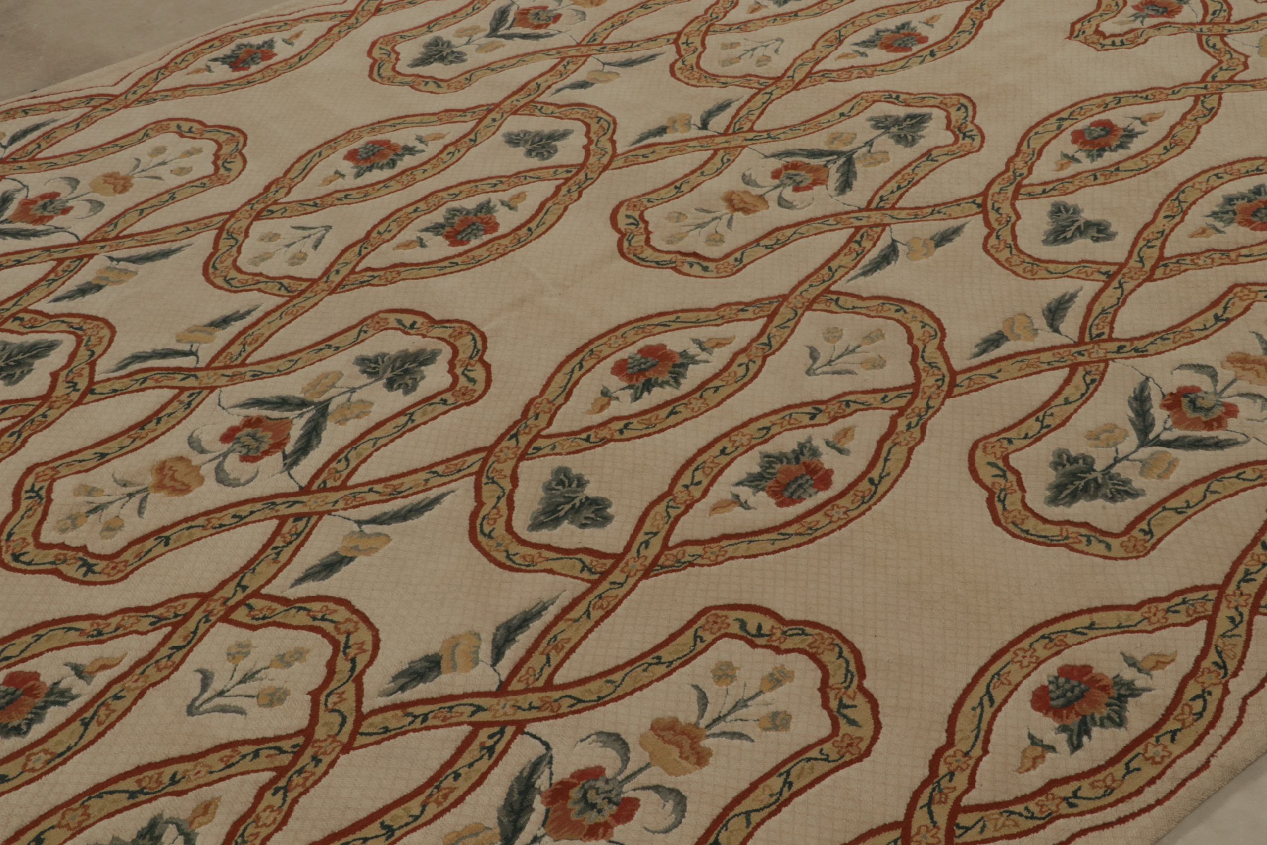 European Rug Pattern European Rug in Beige, with Green and Red Floral Patterns