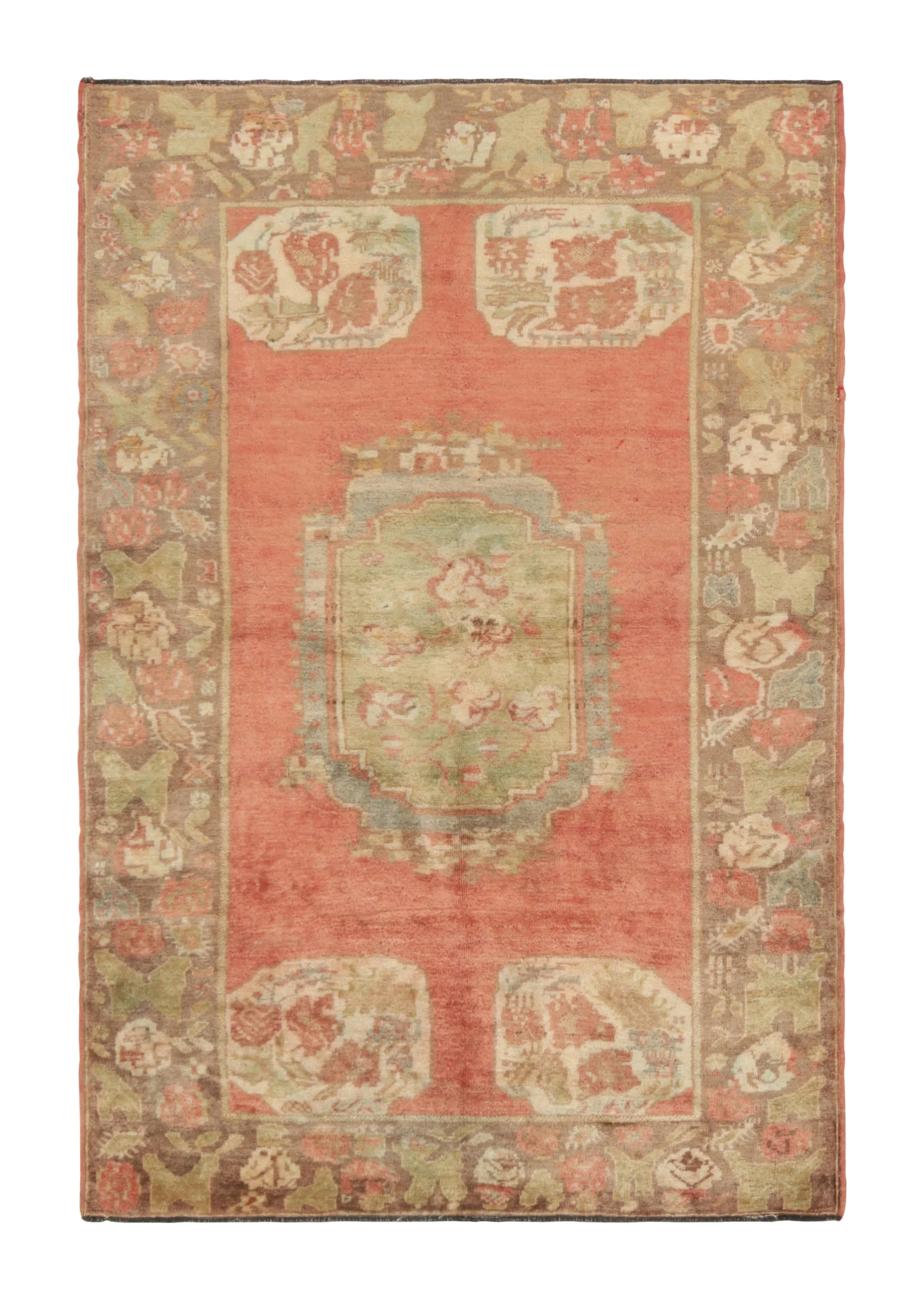 Antique Bessarabian Rug in Red and Green with Floral Medallion
