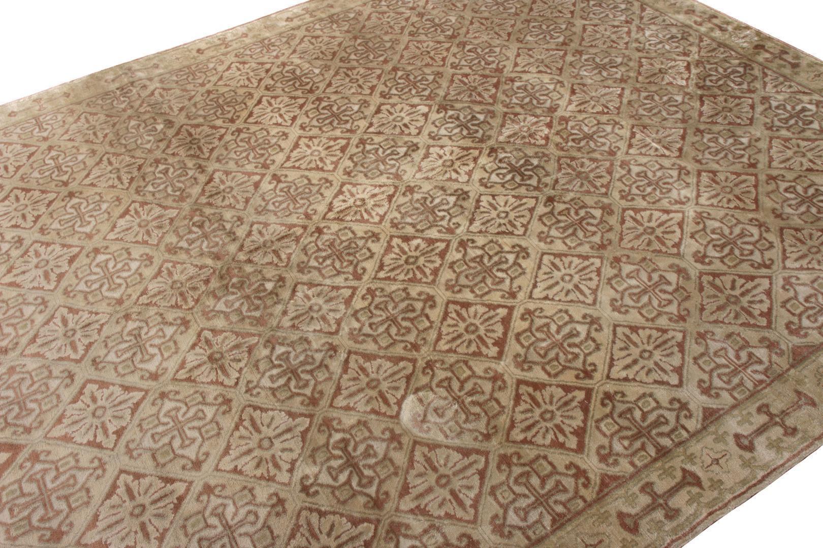 European Rug Pattern European Rug in Beige Brown Geometric Pattern