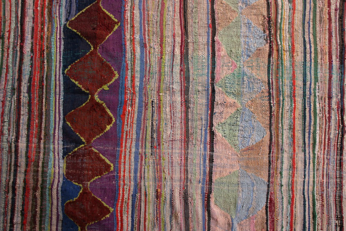Mid-Century Moroccan Flat Weave Beige Pink Striped Tribal Rug