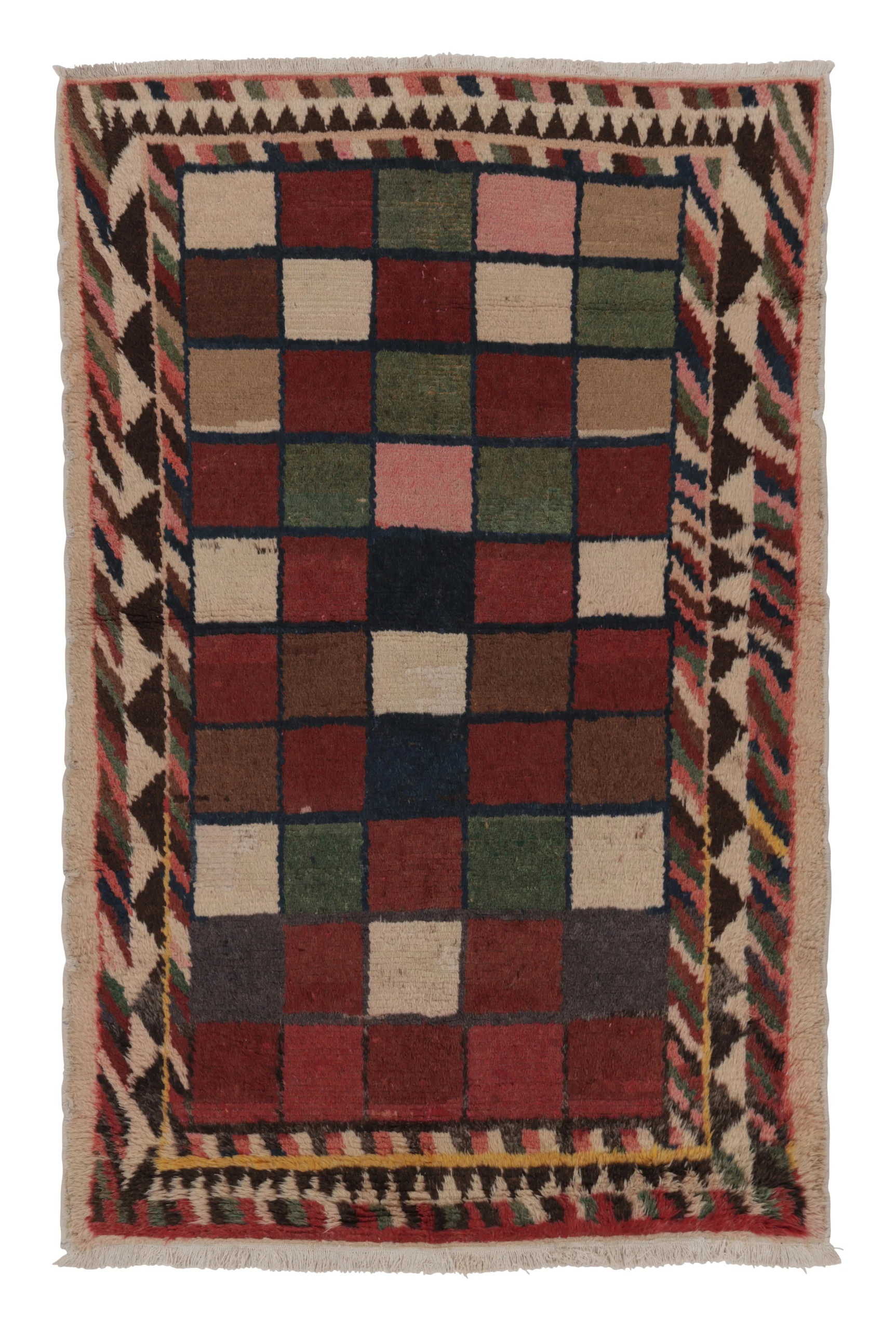 Swedish Rya Rug, Multi-Color Checkerboard with Tribal Border