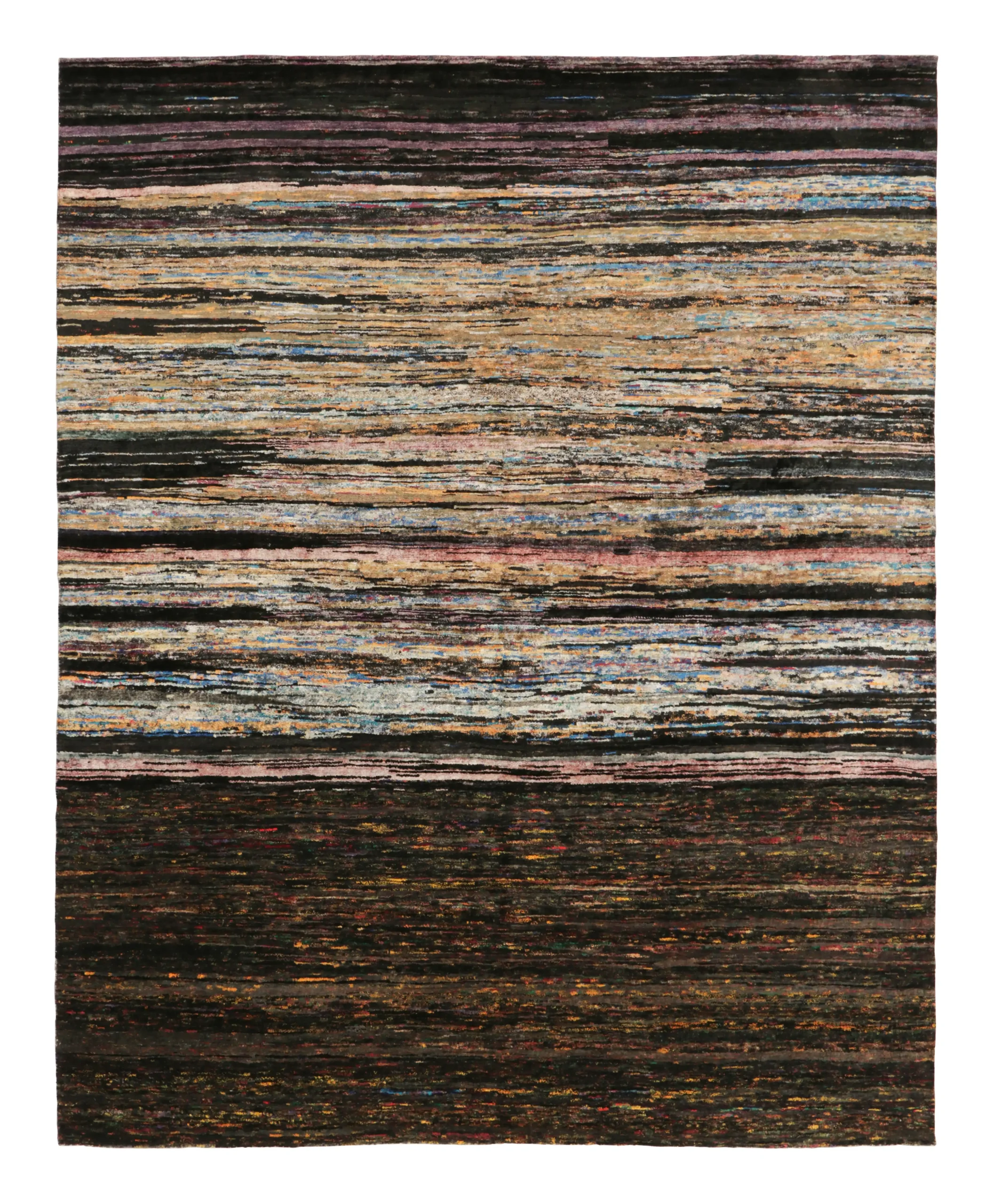 Modern Textural Rug, Dark Polychromatic Striae over Brown Tones