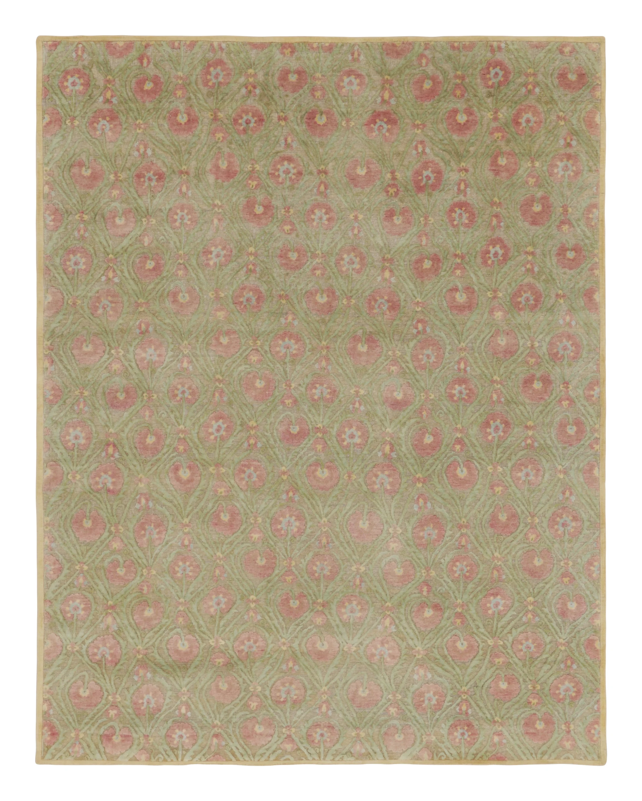 Block Print Rug in Green with Rose Pink Floral Patterns