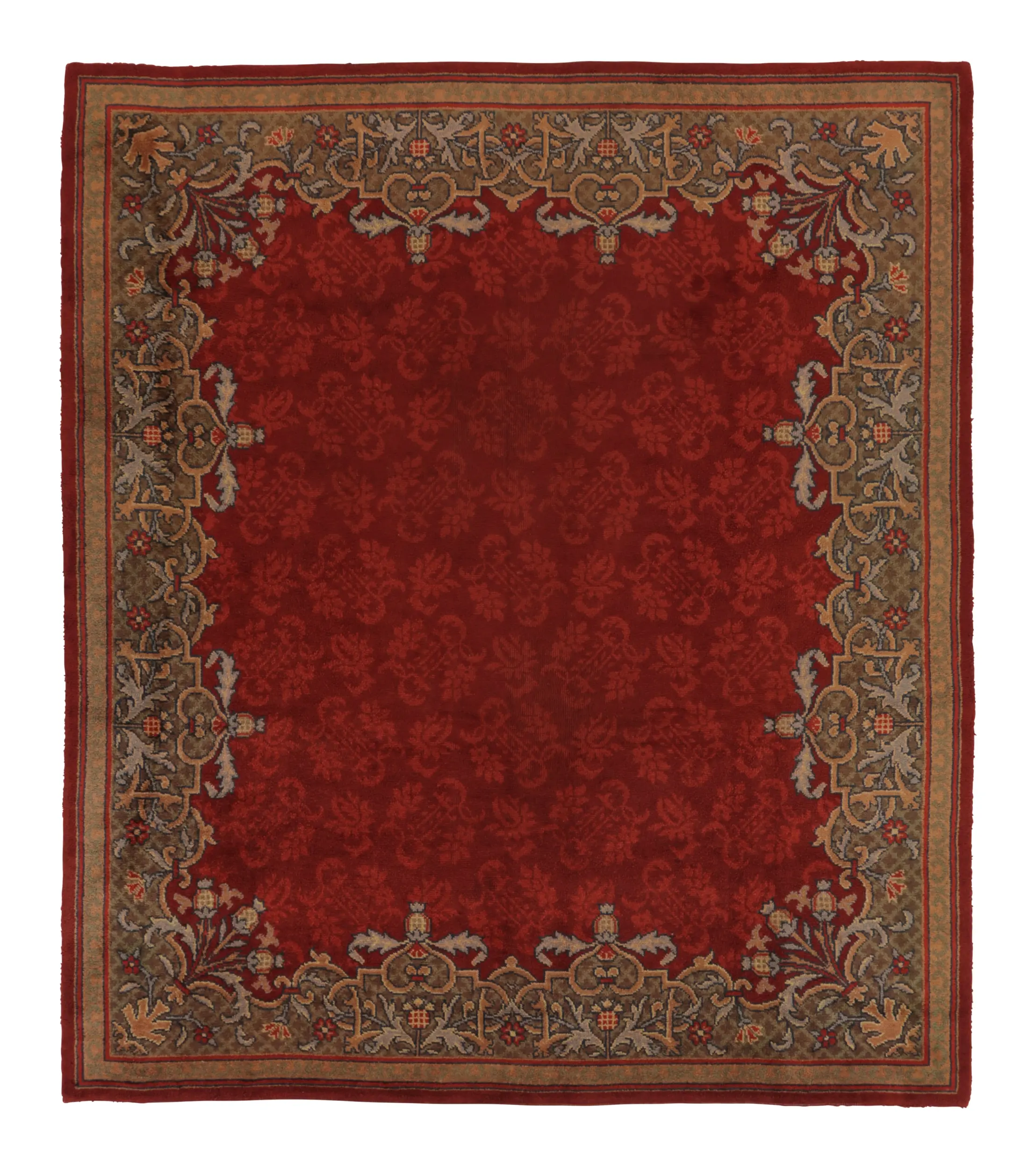 Antique Dutch Art Deco Rug, Rich Red with Floral Damask