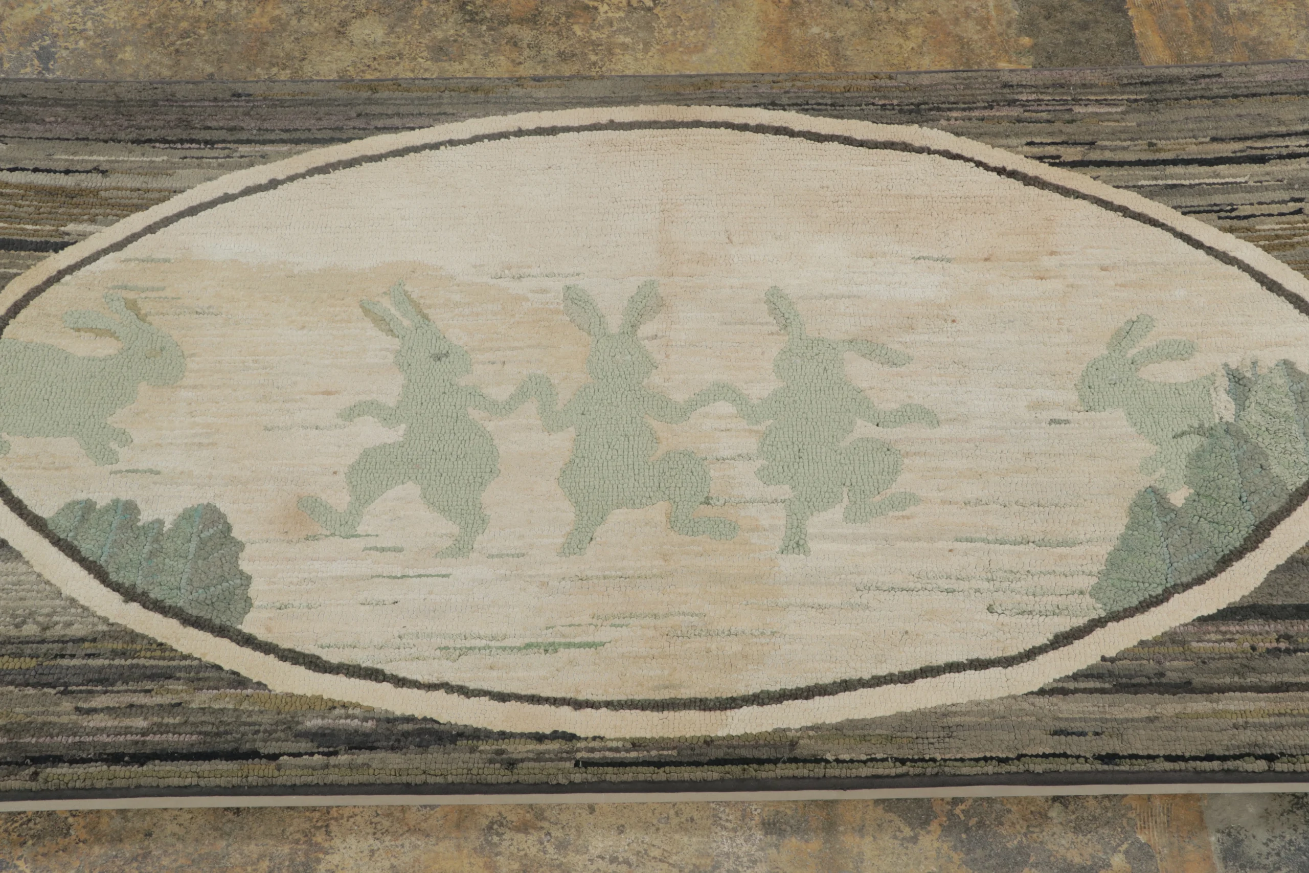 Hooked Rugs With Rabbits Antique Hooked Rug in Brown & Gray with Dancing Rabbits
