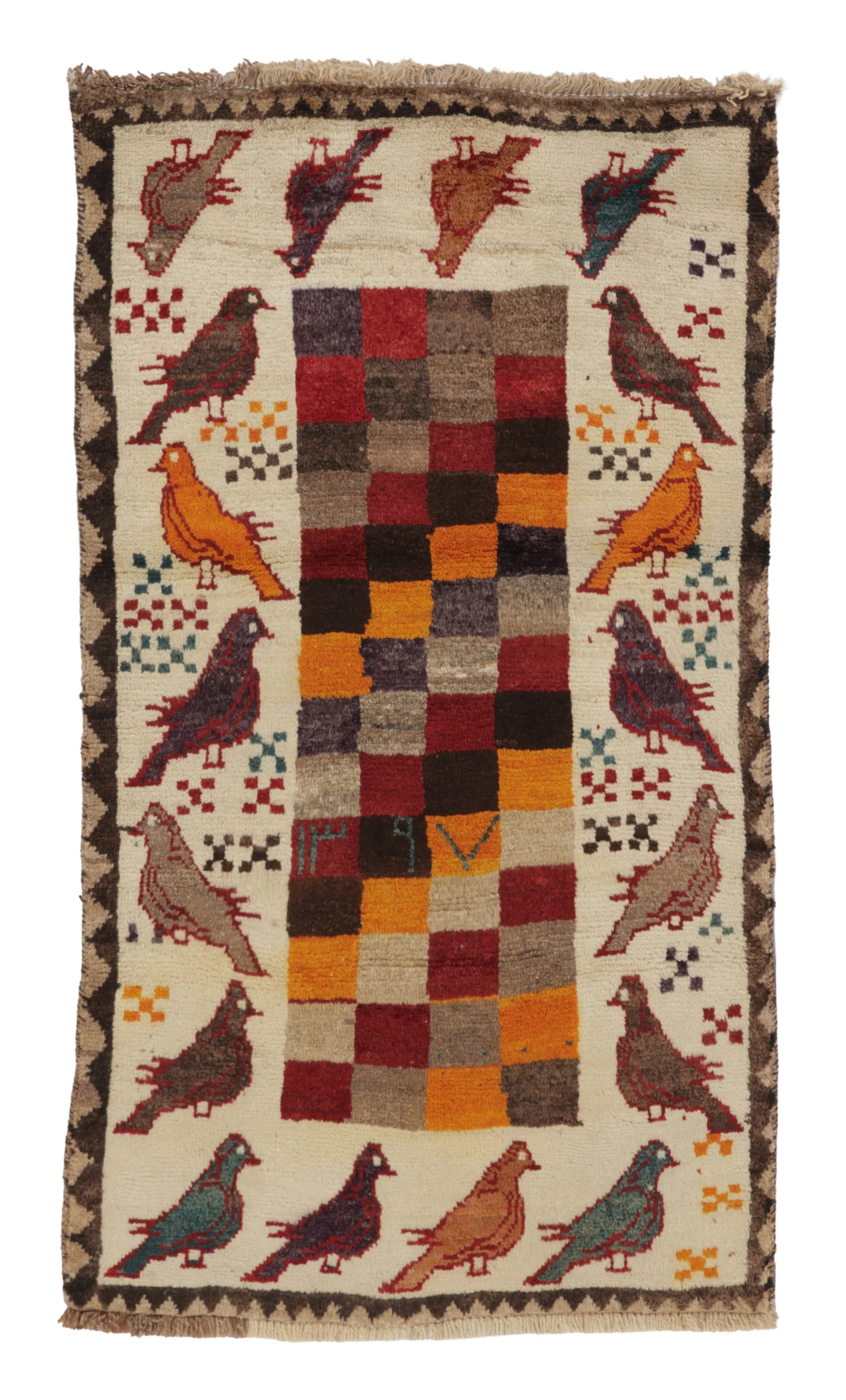 Gabba iranian rug※今だけお値下げ！ Vintage Persian Gabbeh Rug, Checkerboard and Bird Pictorials