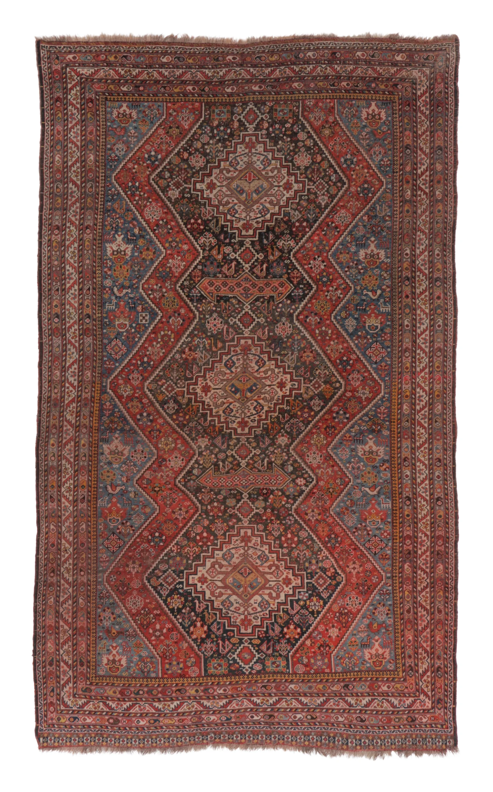Antique Qashqai Rug with Geometric Medallions in Red & Blue