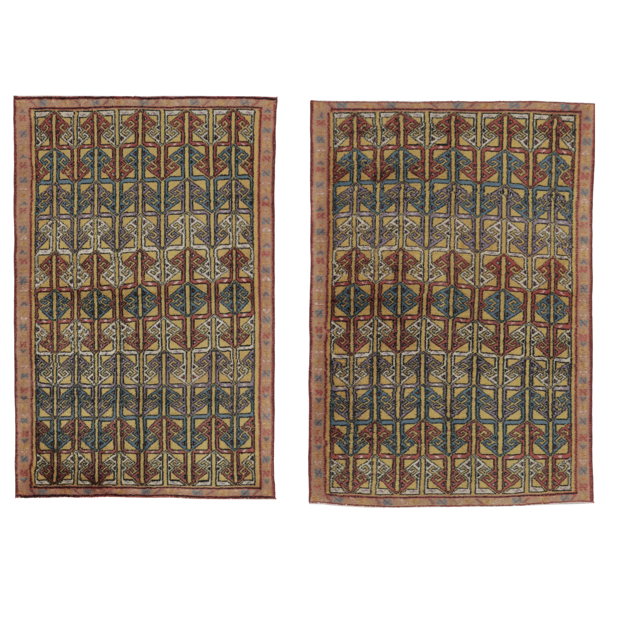 Vintage Turkish Rug Pair with Colorful Repetitive Geometric Lattice