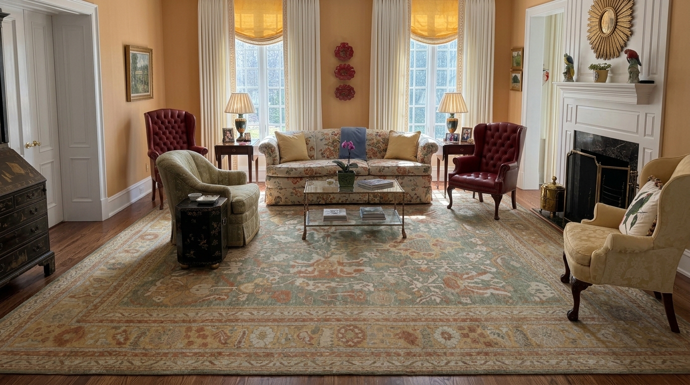 Rug & Kilim’s Oushak Rug In Teal Green With All Over Floral Geometric Patterns