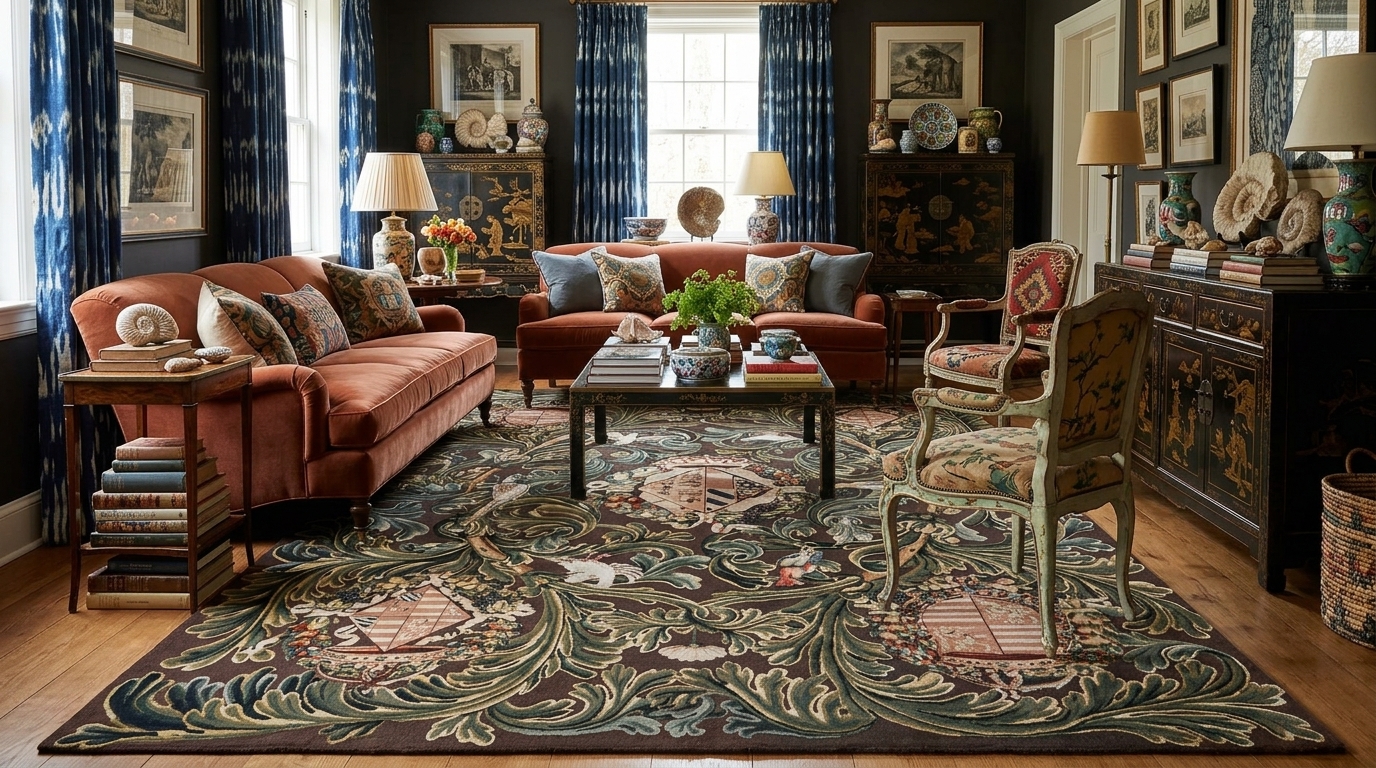 Rug & Kilim’s Armorial Tudor Rug in Black, with Beige, Blue and Gold Tones